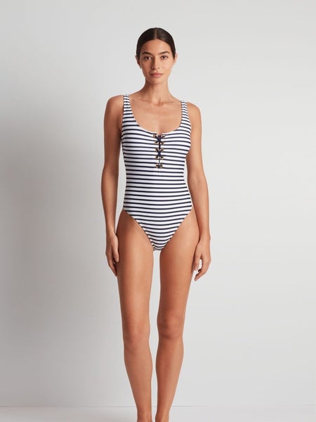 Lauren Ralph Lauren Swimsuit Women's 6 Luxe Stripe Laced One Piece Beach RED1150