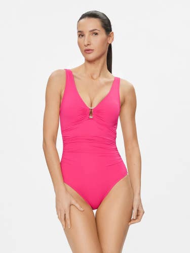 Lauren Ralph Lauren Beach Club Swimsuit Women's 10 Pink Ruched One Piece RED1167