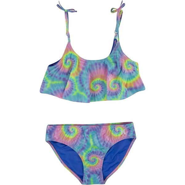 Hurley Flounce Bikini Set Girls XL Multi Tie Dye Scoop Neck Swimwear RED1159