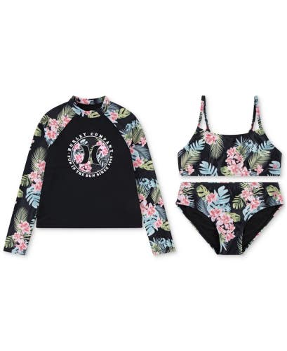 Hurley 3-Piece Rashguard Set Girls 10 Black Floral Long Sleeve Swimwear RED1213