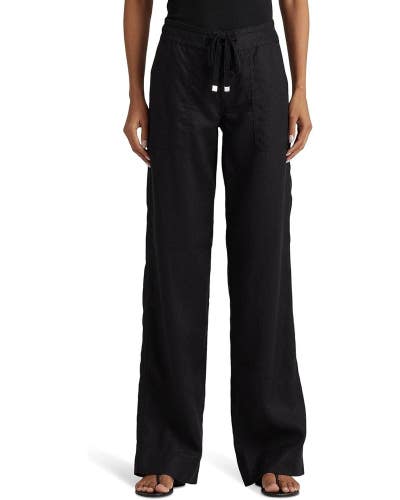 Lauren Ralph Lauren Pants Women's 2 Black 100% Linen Drawstring Wide-Leg RED1095