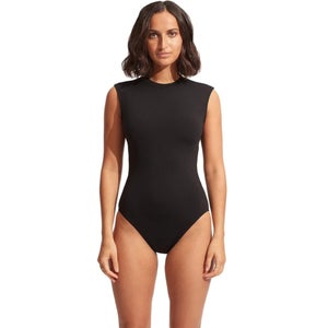 Seafolly Collective Swimsuit Womens 12 Black Stretch Open Back One-Piece RED1131