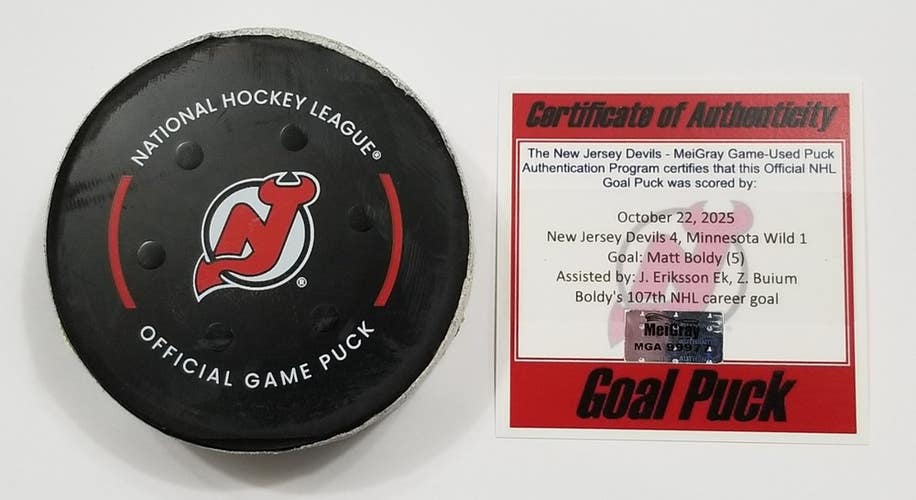 10-22-25 MATT BOLDY Minnesota Wild at New Jersey Devils Game Used NHL GOAL Puck