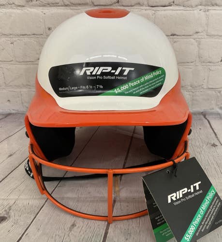 RIP-IT Vision Pro Softball Face-Guard Helmet White Orange M/L 6.5" - 7 3/8"