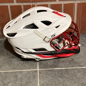 Used White Cascade S Youth Helmet | Chrome Red Facemask