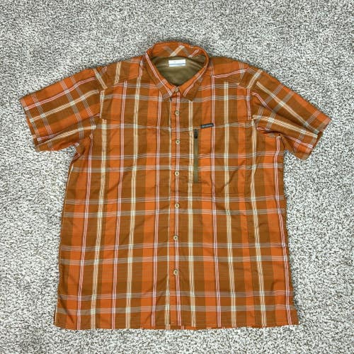 Columbia Shirt Mens Large Orange Plaid Button Zip Pocket Outdoor Vented Fishing