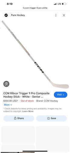 Senior CCM Ribcor Trigger 9 Pro Left Hand Hockey Stick P90TM 80 Flex Pro Stock (New)