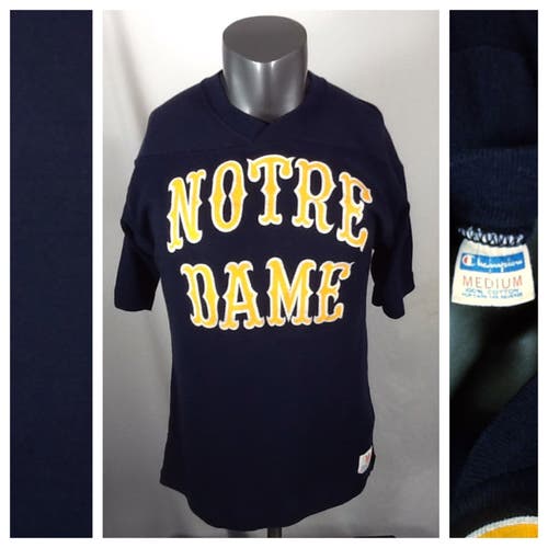 Vintage Champion Notre Dame Long Sleeve Knit Shirt Men’s (Medium) Blue 80’s NCAA