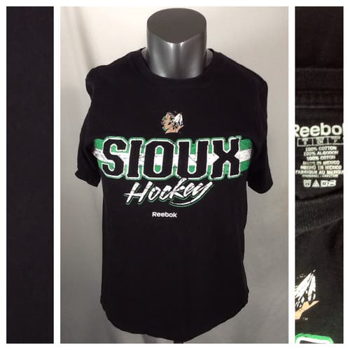 North Dakota Fighting Sioux Hockey T Shirt (Small) UND Reebok Black Tee