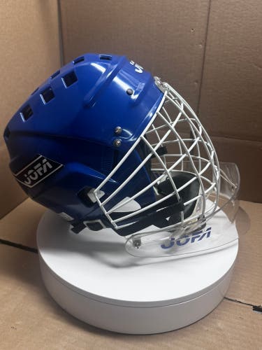 VINTAGE NEW DARK BLUE JOFA HOCKEY HELMET AND RARE JOFA CAGE & RARE JOFA DANGLER GOALIE COMBO