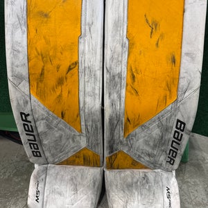 White & Yellow Bauer Supreme M5 Pro Goalie Leg Pads (Used) | Senior Large (35+)