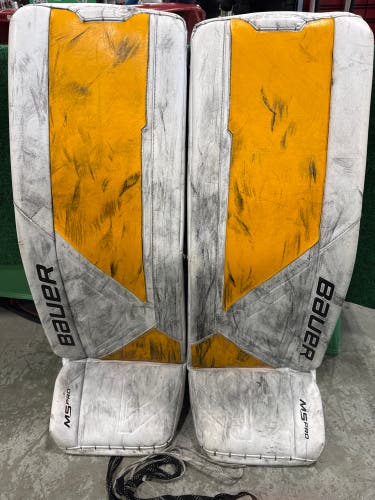 White & Yellow Bauer Supreme M5 Pro Goalie Leg Pads (Used) | Senior Large (35+)