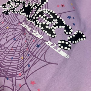 sp5der Purple Graphic Print Fleece Pullover Hoodie M Spider Web Stars