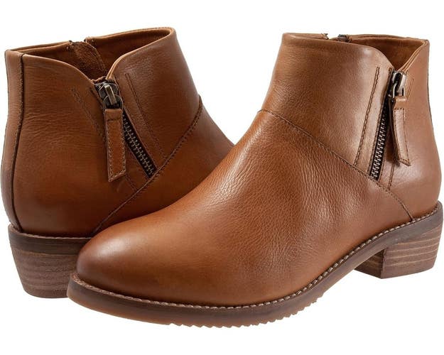 SoftWalk Roselle Women's US 6.5WW Luggage Leather Double Zip Ankle Boots HAWK545