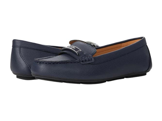 Calvin Klein Levonne Flats Women's 8 Navy Leather Moc Toe Loafer Shoes HAWK564