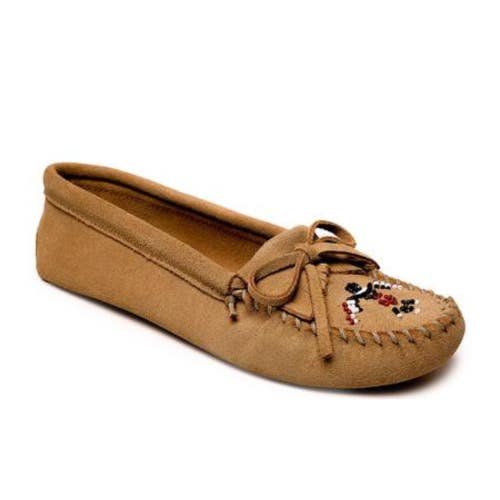 Minnetonka Thunderbird Animikii Moccasins Women's 6.5 Tan Beaded Shoes HAWK439