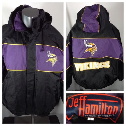 Jeff Hamilton Minnesota Vikings NFL Puffer Jacket (Large) Zip Up Hooded Coat