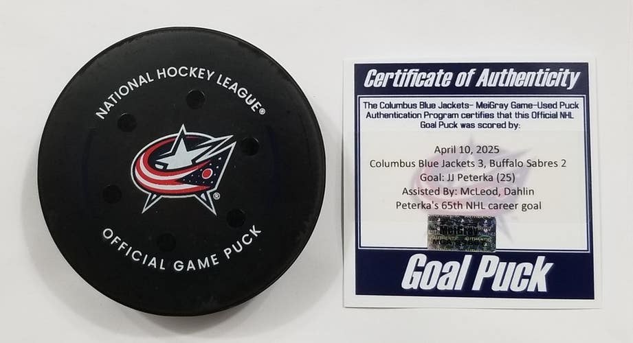 4-10-25 JJ PETERKA Buffalo Sabres at Columbus Blue Jackets Game Used GOAL Puck