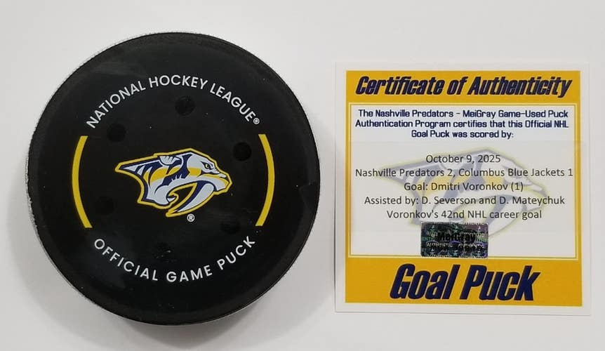 10-9-25 DMITRI VORONKOV Columbus Blue Jackets at Nashville Game Used GOAL Puck