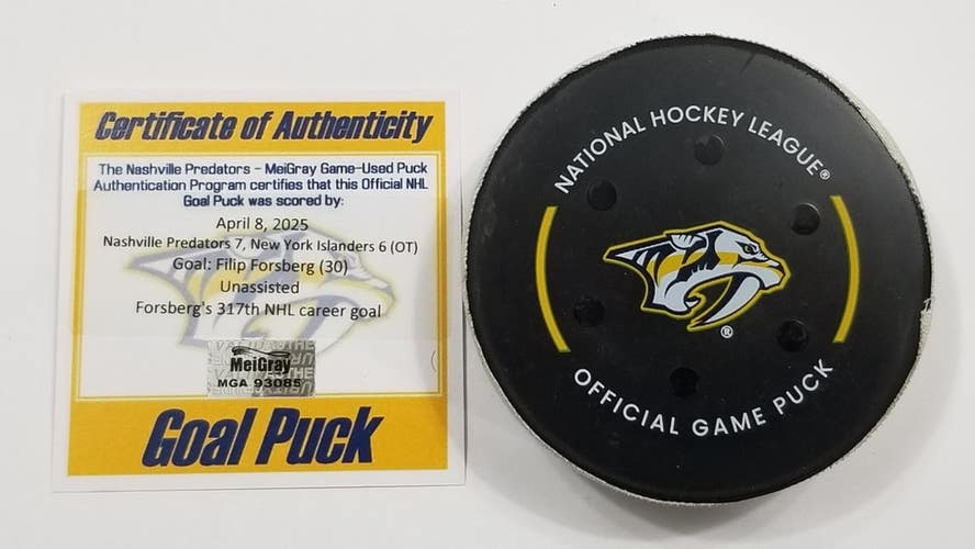 4-8-25 FILIP FORSBERG Nashville Predators vs NY Islanders Game Used GOAL Puck