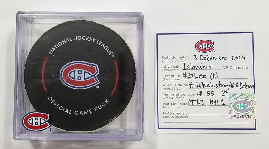 12-3-24 ANDERS LEE New York Islanders at Montreal Canadiens Game Used GOAL PUCK