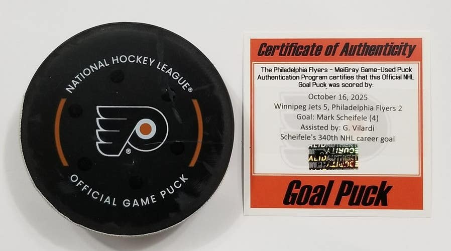 10-16-25 MARK SCHEIFELE Winnipeg Jets at Flyers NHL Game Used GOAL Puck
