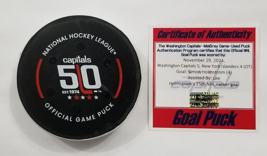 11-29-24 SIMON HOLMSTROM NYI @ Capital Game Used GOAL Puck Anders Lee 200 Assist