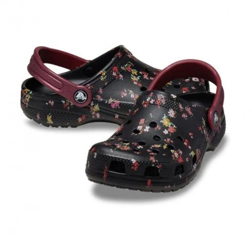 Crocs Classic 210354-0C4 Clog Kids Black Ditsy Floral Slip On Casual Shoe NIN240