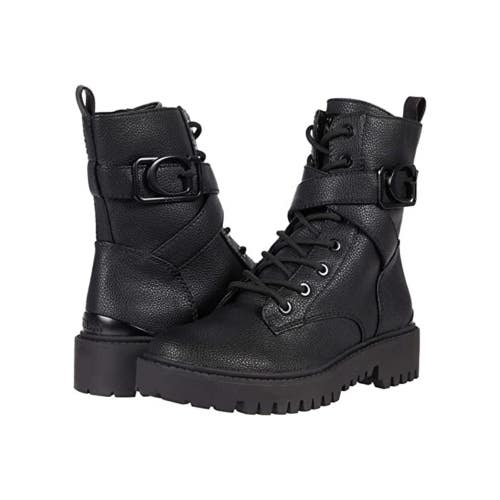 Guess Orana Boots Women's US 9 Black Leather Round Toe Combat Bootie LION698