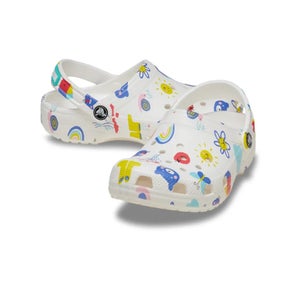 Crocs Classic 210356-94S Clog Kids White Multi Doodle Print Comfort Shoes NIN242