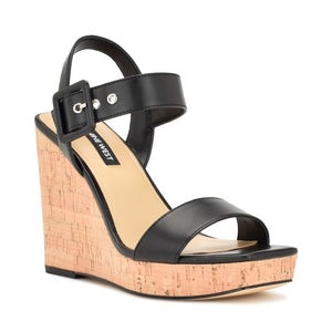 Nine West Courts Sandals Women's US 9.5 Black Ankle Strap Wedge Heel LION700