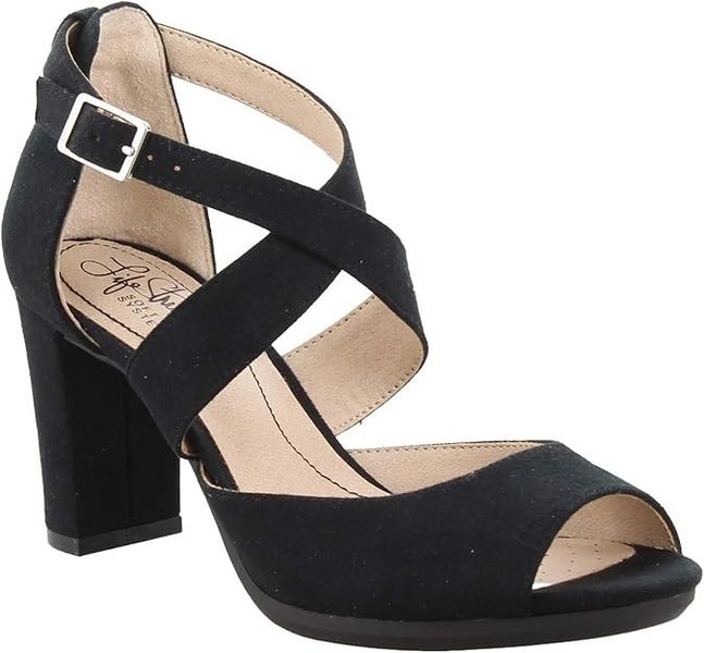 LifeStride Allison Sandals Women 9 Black Microsuede Peep Toe Ankle Strap LION845