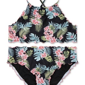Hurley Bikini Set Girls Small Black Tropical Print Halter Neck Swimwear GBO1425