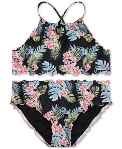 Hurley Bikini Set Girls Small Black Tropical Print Halter Neck Swimwear GBO1425