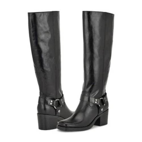 Nine West Koop Boots Women's 9 Black Leather Block Heel Knee High Bootie LION703