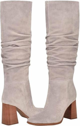 Nine West Domaey Bootie Womens 8.5 Grey Suede Block Heel Knee-High Boots LION506