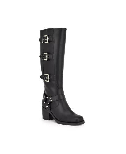 Nine West Karry Motorcycle Boots Womens 8.5 Black Faux Leather Knee High LION293