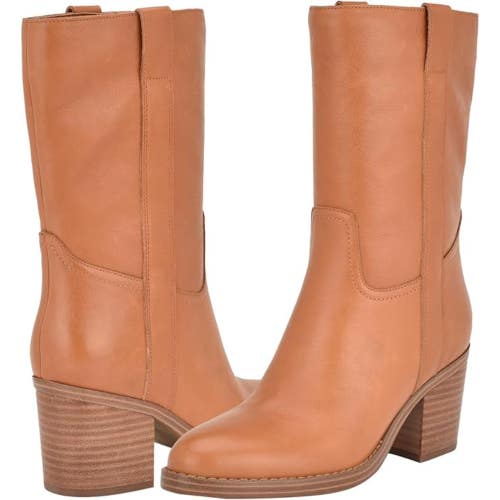 Nine West Hess Boots Womens 9 Brown Leather Side Zip Almond Toe Mid Calf LION840