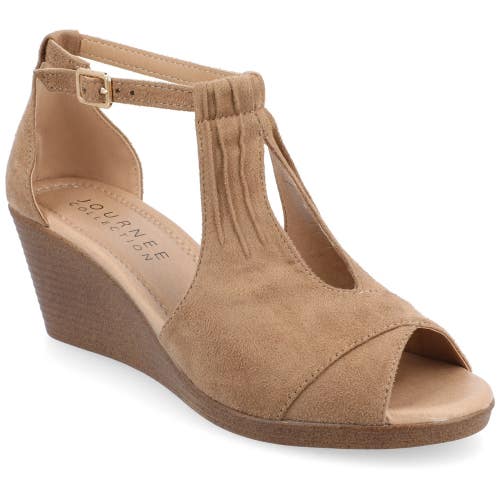 Journee Collection Kedzie Sandal Womens Taupe Suede Peep Toe Ankle Strap LION124