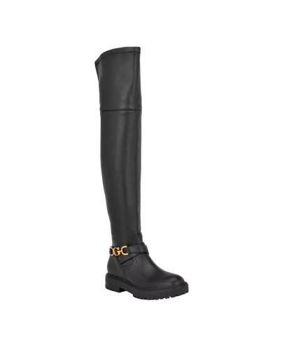 Guess Jellio Boots Women's Black Faux Leather Over The Knee Lug Sole LION295