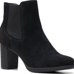 Clarks Bayla Rose Boots Women's 6 Black Suede Block Heel Chelsea Bootie LION356