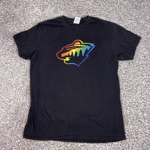 Minnesota Wild Shirt Mens Large Black NHL Hockey Rainbow Logo Graphic Tee Pride