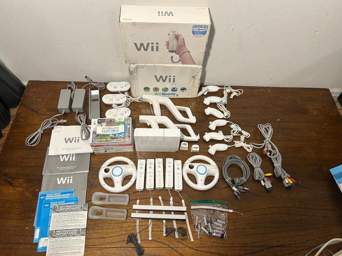 LARGE Nintendo Wii Lot with Console Controllers Nunchuks Cords and Cables etc.