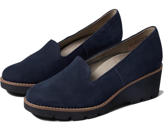 Vionic Willa Loafers Women's 12 Navy Suede Round Toe Slip On Wedge Heel HAWK772