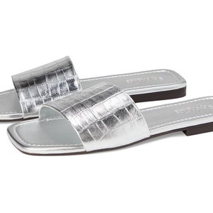 Seychelles Paris Sandals Women's 7 Silver Croco Leather Square Toe Slide HAWK928