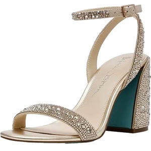 Betsey Johnson Shaye Sandals Women's 8 Light Gold Rhinestone Block Heel HAWK475