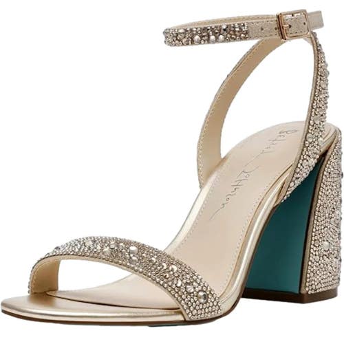 Betsey Johnson Shaye Sandals Women's 8 Light Gold Rhinestone Block Heel HAWK475