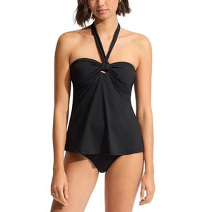 Seafolly Collective Sash Tankini Top Women's 12 Black Tie Front Swimwear GBO1158
