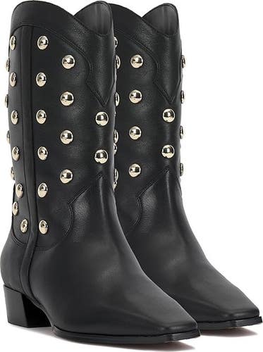 Vince Camuto Prilie Women 8 Black Leather Studded Snip-Toe Western Boots GAL1780