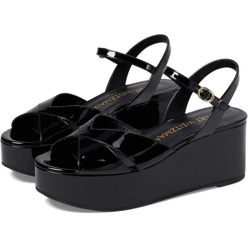 Stuart Weitzman Carmen MIDI Sandals Women US 9.5 Black Ankle Strap Wedge GAL1856